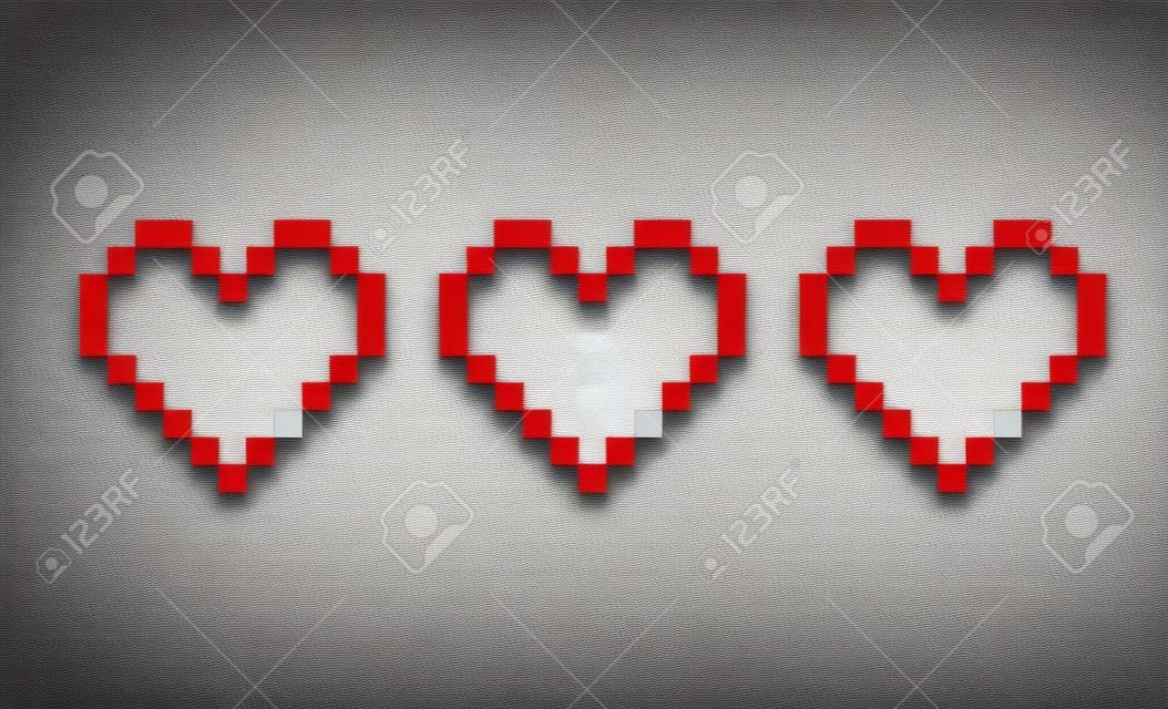 heart pixel icons set. Red heart. Full heart, half, empty.  illustration