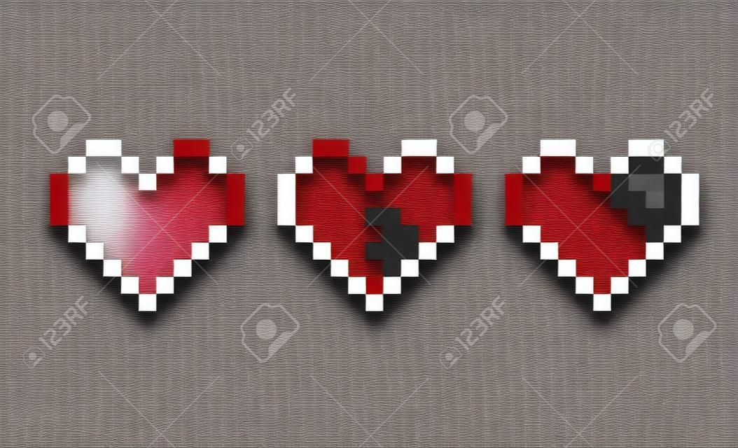 heart pixel icons set. Red heart. Full heart, half, empty.  illustration