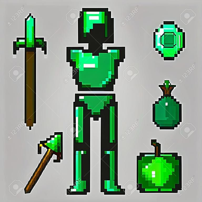 Big set of emerald pixel armor isolated on gray background. Green Emerald Armor, Sword, Pickaxe, Ax, Stone, Apple, Potion. 8-bit style is drawn in a flat style. Pixel game objects.