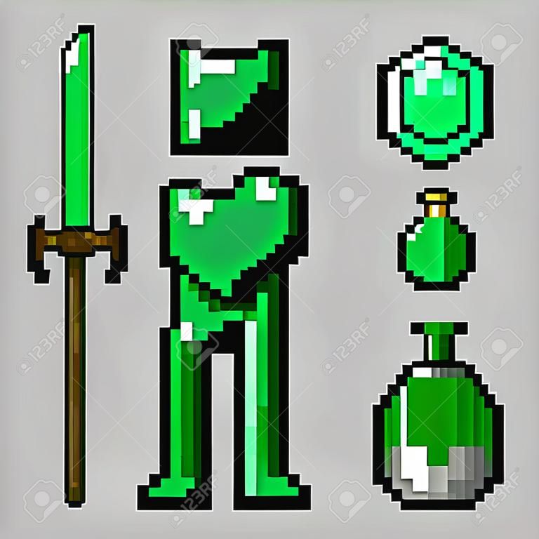 Big set of emerald pixel armor isolated on gray background. Green Emerald Armor, Sword, Pickaxe, Ax, Stone, Apple, Potion. 8-bit style is drawn in a flat style. Pixel game objects.