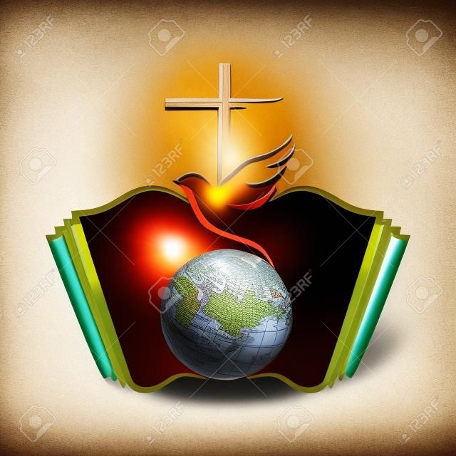 Paloma y cruz en un globo con la biblia como fondo