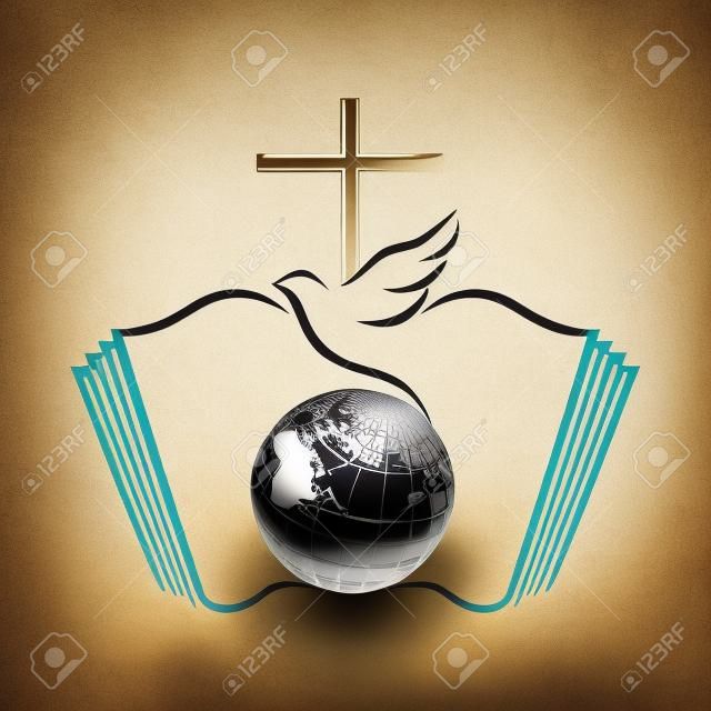 Dove i krzyż na kuli ziemskiej z Biblii jako tło