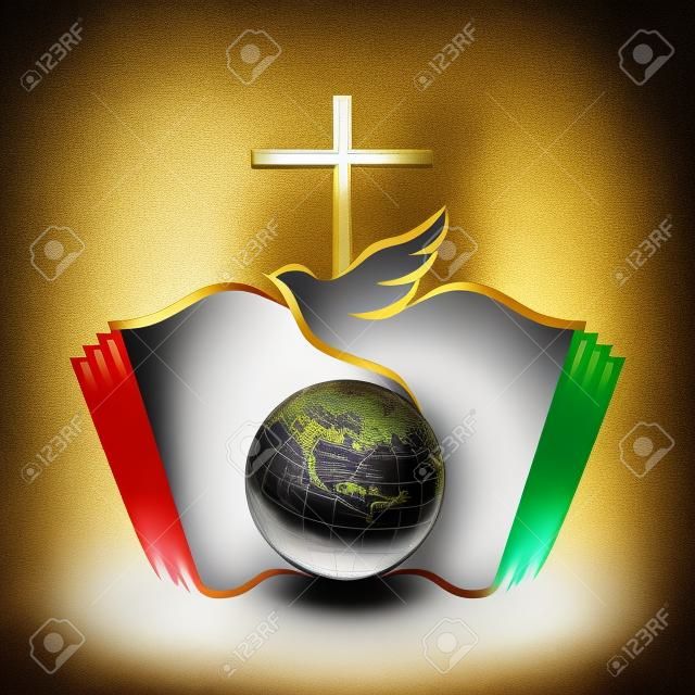 Paloma y cruz en un globo con la biblia como fondo