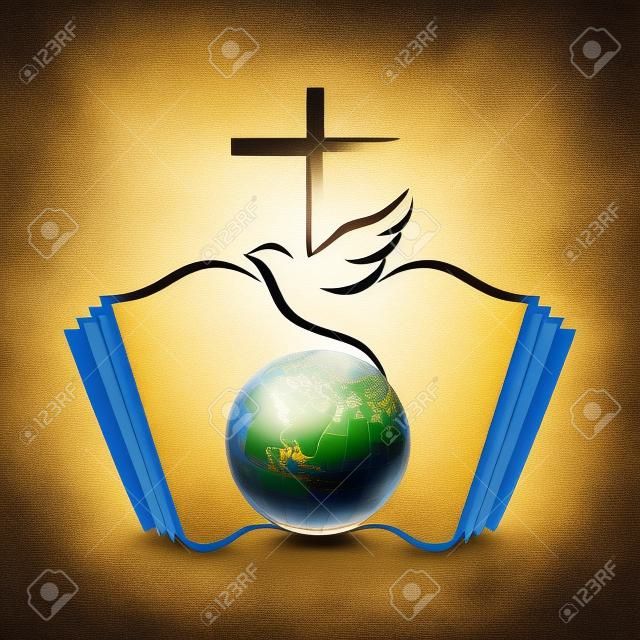 Dove et croix sur un globe avec la bible comme fond
