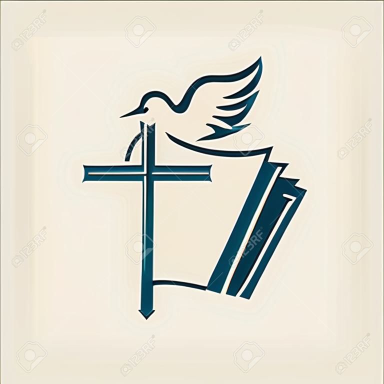 Kerk. Cros, duif, en bijbel pictogram