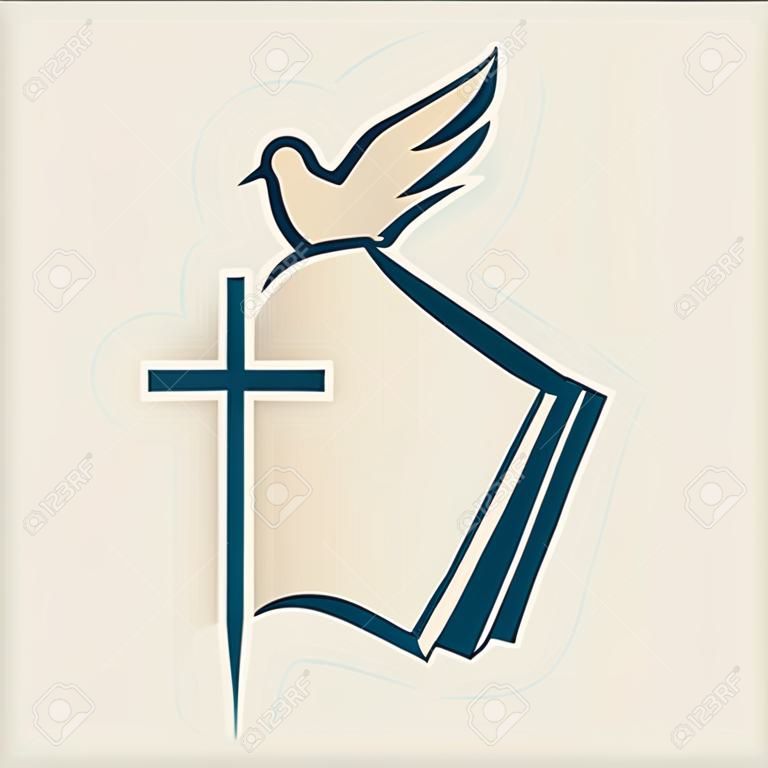 Igreja. Cros, pomba e ícone da Bíblia