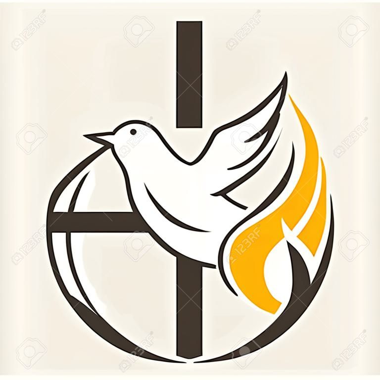 Logotipo da igreja. Globo, espírito santo, pomba, cruz, chama, Pentecostes