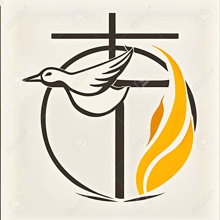 Logo Iglesia. Globo, espíritu santo, paloma, cruz, llama, Pentecostés