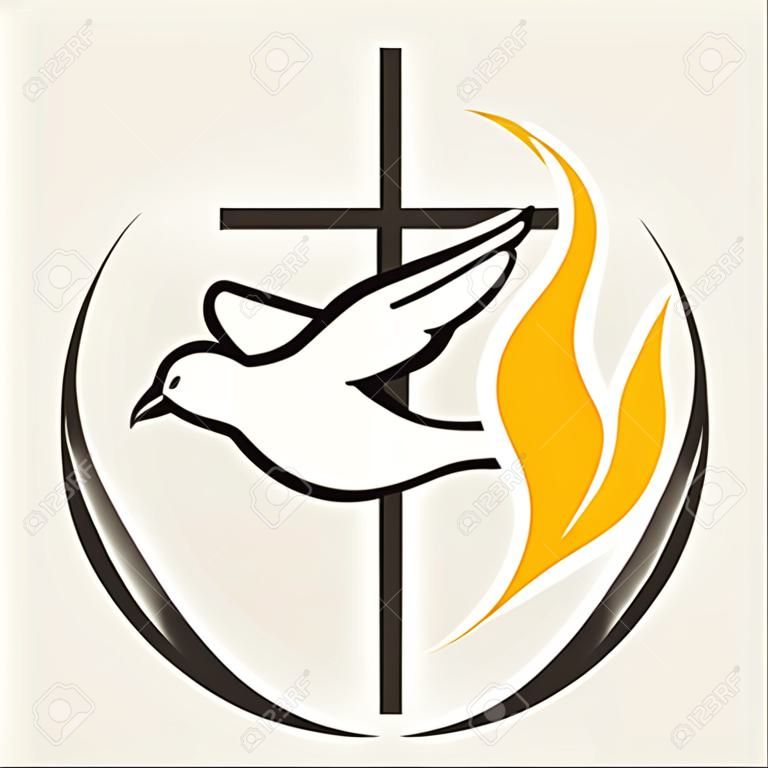 교회 로고. 글로브, 성령, 비둘기, 십자가, 불꽃, 오순절