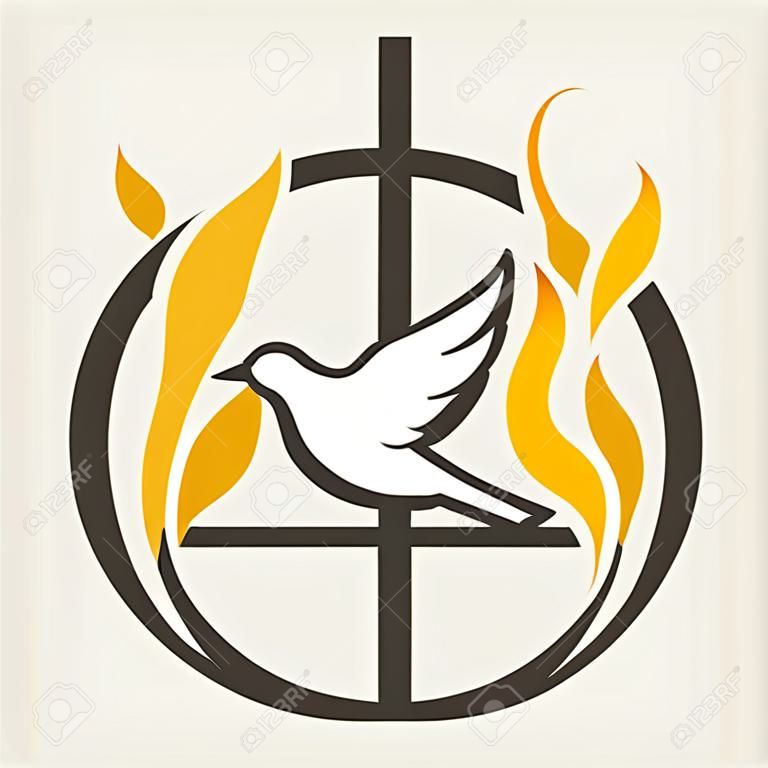 教会のロゴ。グローブ、聖霊、鳩、クロス、火炎、聖霊降臨祭