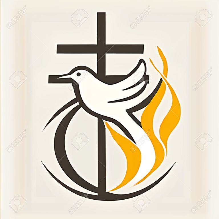 Logotipo da igreja. Globo, espírito santo, pomba, cruz, chama, Pentecostes