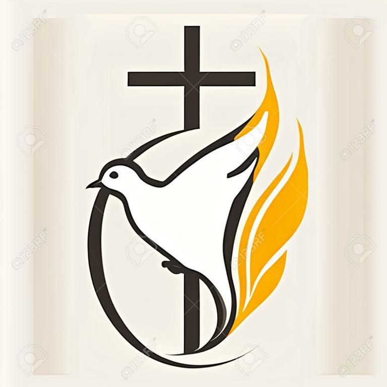 교회 로고. 글로브, 성령, 비둘기, 십자가, 불꽃, 오순절