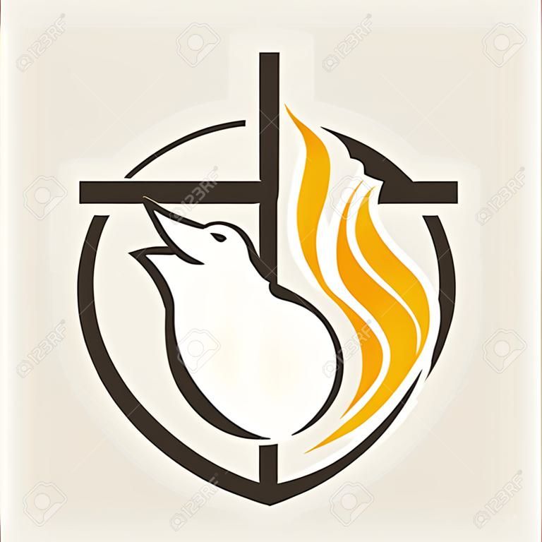 教堂的標誌。地球，聖靈，鴿子，跨，火焰，聖靈降臨節