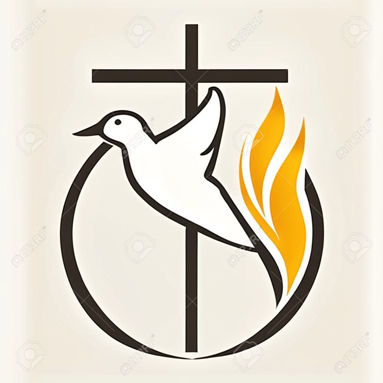 Church logo. Globe, holy spirit, dove, cross, flame, Pentecost