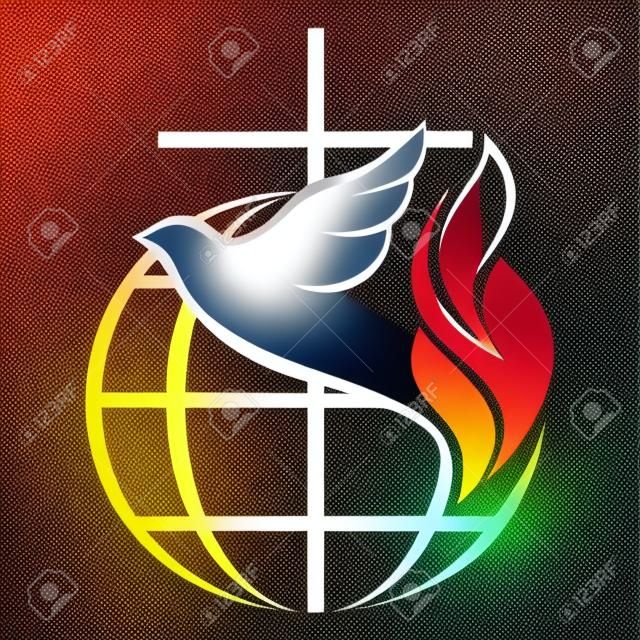 Church logo. Globe, holy spirit, dove, cross, flame, Pentecost