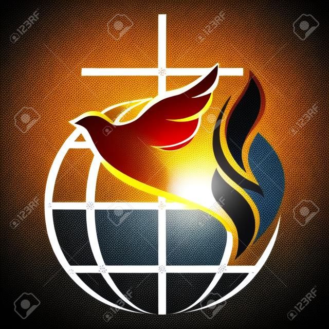 教会のロゴ。グローブ、聖霊、鳩、クロス、火炎、聖霊降臨祭