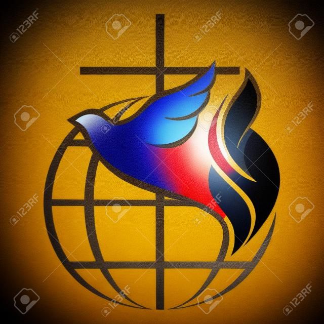 Logo de l'église. Globe, Esprit Saint, Colombe, Croix, Flamme, Pentecôte