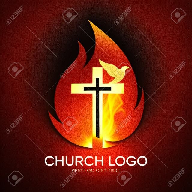 教堂的十字火焰标志图标鸽子圣灵降临节圣灵的火