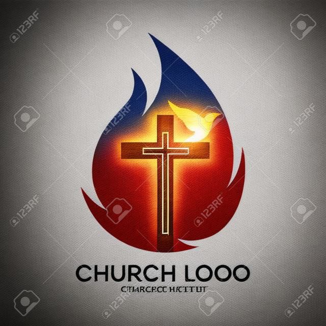 Egyház logó. Cross, lángok, galamb, Pünkösd, jelkép, ikon, Szentlélek, a tűz