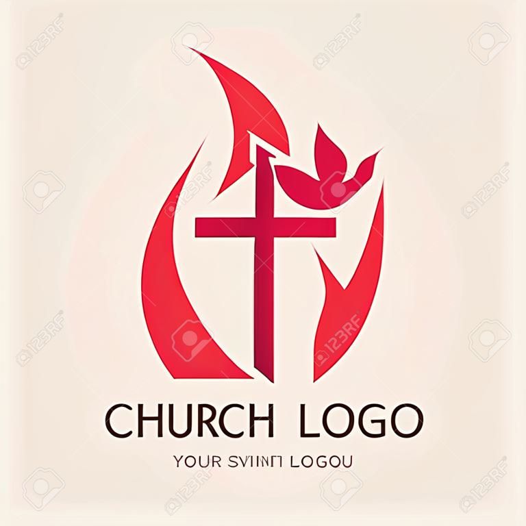 教堂的十字火焰标志图标鸽子圣灵降临节圣灵的火