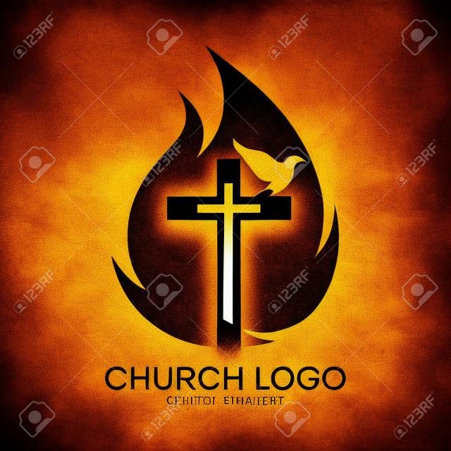 Kilise logosu. Çapraz, alevler, güvercin, Hamsin, sembol, simge, kutsal ruh, yangın