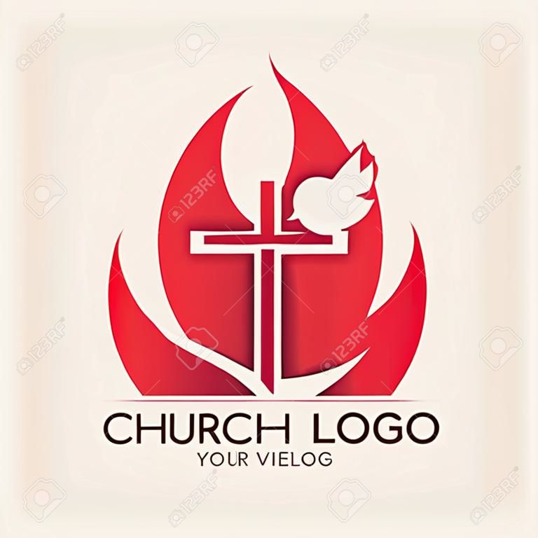 Kościół logo. Krzyż, płomienie, gołąb, Zesłanie Ducha Świętego, symbol, ikona, Duch Święty, ogień