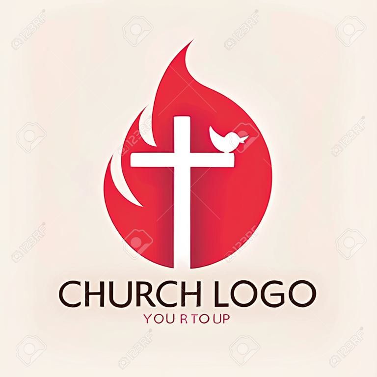 Kościół logo. Krzyż, płomienie, gołąb, Zesłanie Ducha Świętego, symbol, ikona, Duch Święty, ogień
