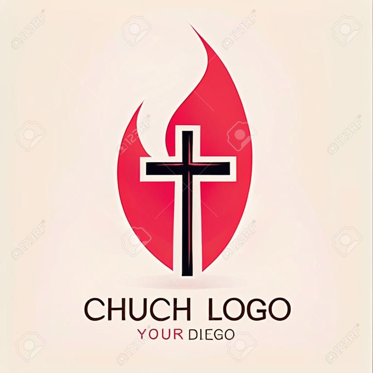 Egyház logó. Cross, lángok, galamb, Pünkösd, jelkép, ikon, Szentlélek, a tűz