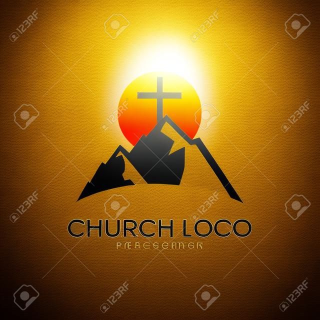 Église logo. Montagne, croix et le soleil