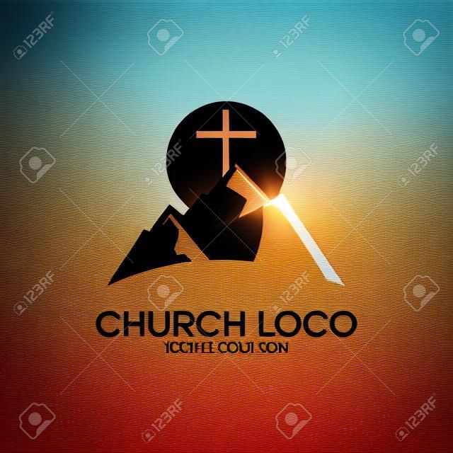 Église logo. Montagne, croix et le soleil