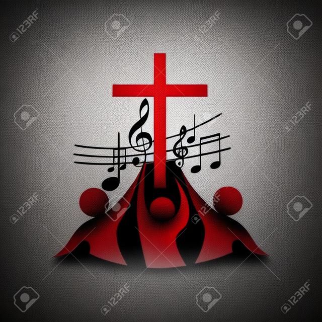 Kościół logo. Krzyż, muzyka, nuty, piosenki, chór, ludzie, czerwony