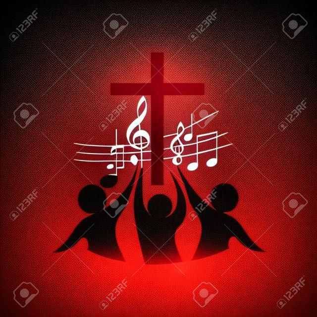 Logo Chiesa. Croce, musica, note musicali, il canto, coro, persone, rosso