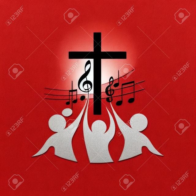 Церковь логотип. Крест, музыка, ноты, песня, хор, люди, красный