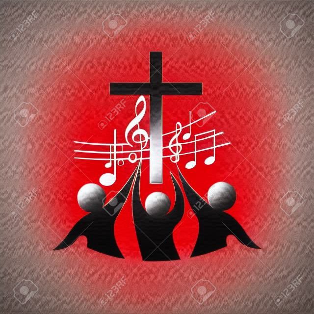 Kerk logo. Kruis, muziek, muziek notities, lied, koor, mensen, rood