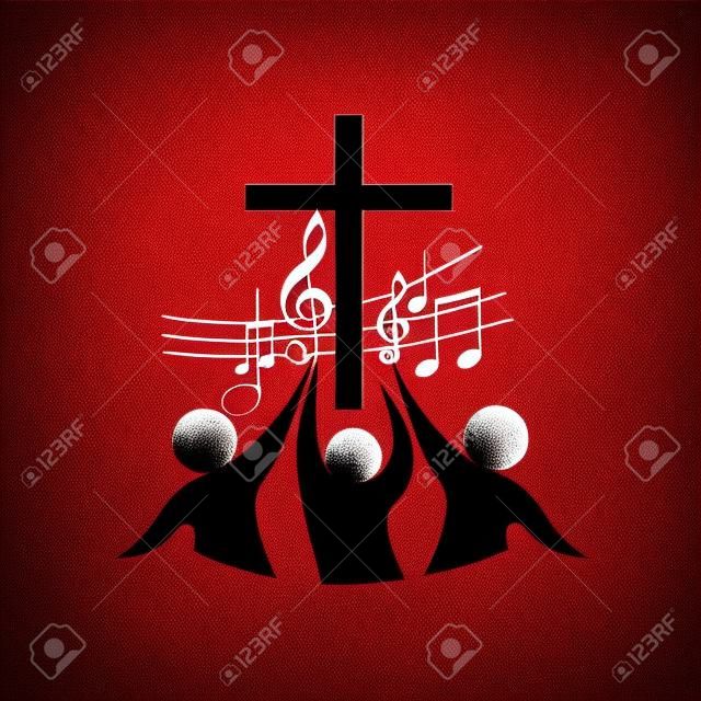 Церковь логотип. Крест, музыка, ноты, песня, хор, люди, красный
