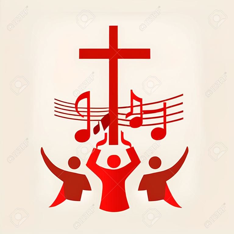 教会のロゴ。クロス、音楽、音楽ノート、歌、合唱、人々、赤