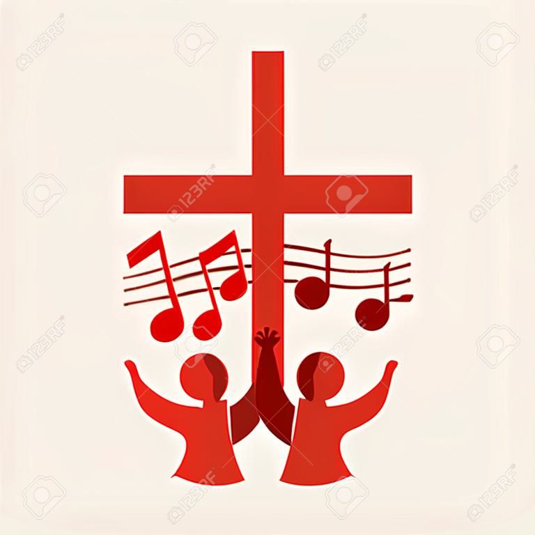 Kerk logo. Kruis, muziek, muziek notities, lied, koor, mensen, rood