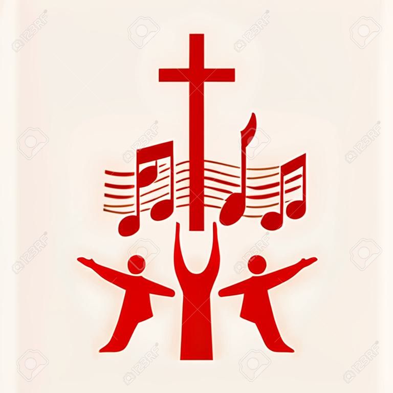 Logo Iglesia. Cruz, música, notas de la música, el canto, coro, gente, rojo