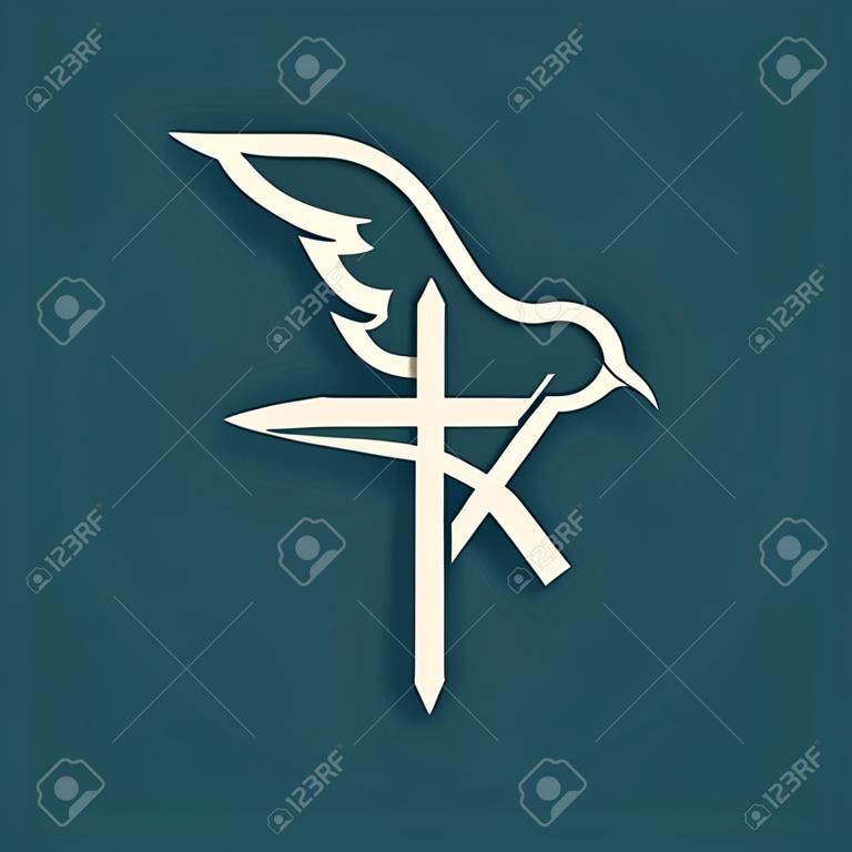 교회 로고. 십자가, 예수 물고기, 비둘기, 아이콘