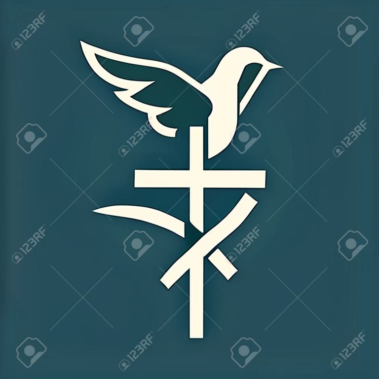 Logo Iglesia. Cruz, pescados de jesús, paloma, icono