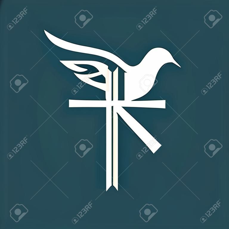 Logo Iglesia. Cruz, pescados de jesús, paloma, icono