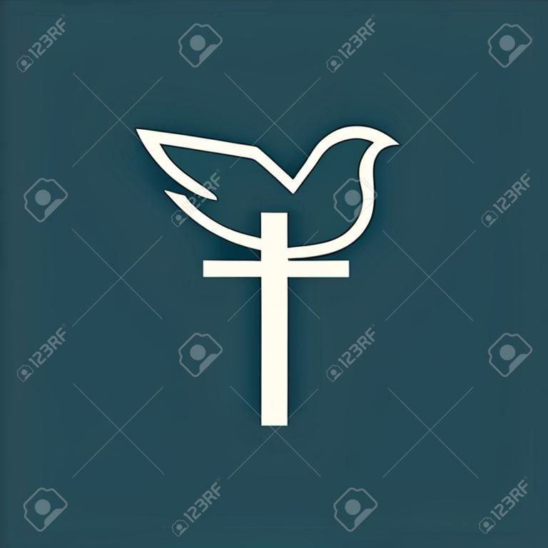 Chiesa logo. Croce, pesce Gesù, tortora, icona