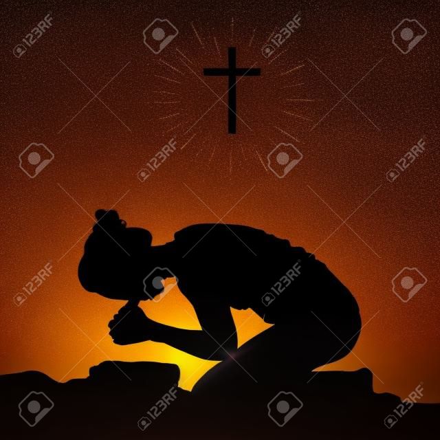 Silhouette di una donna inginocchiata in preghiera