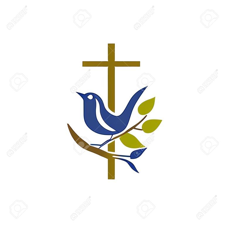 Chiesa logo. simboli cristiani. Croce, colomba e ramoscello di ulivo.