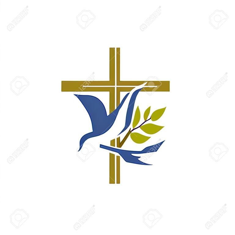 Logotipo da igreja. Símbolos cristãos. Cruz, pomba e ramo de oliveira.