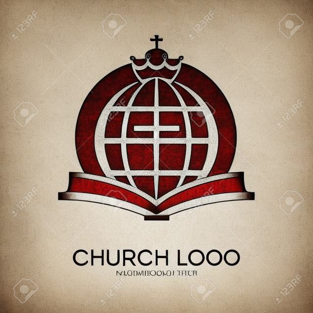 Logotipo da igreja. Símbolos cristãos. Bíblia, cruz, globo e coroa.