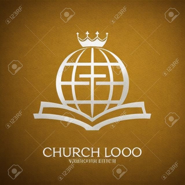 Logo della Chiesa. Simboli cristiani. Bibbia, croce, globo e corona.