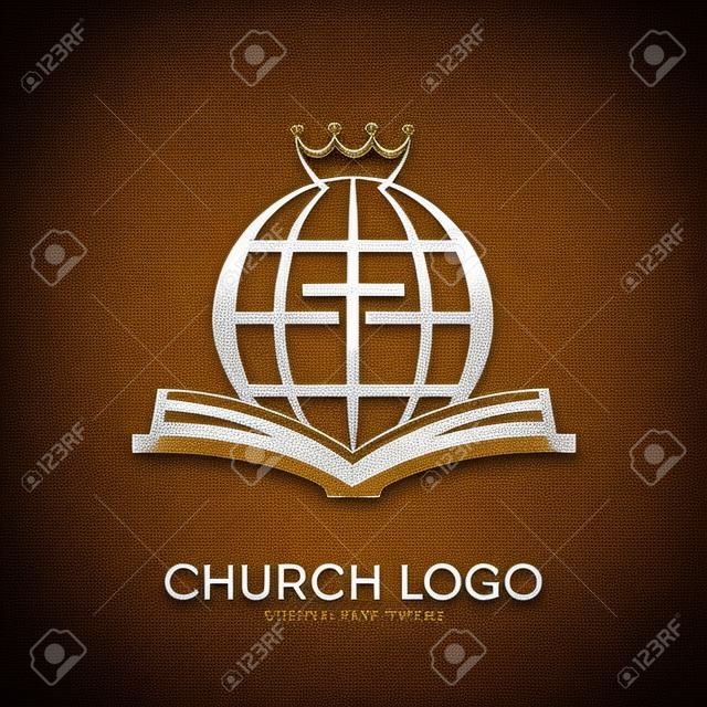 Church logo. Christian szimbólumok. Biblia, kereszt, gömb és koronát.