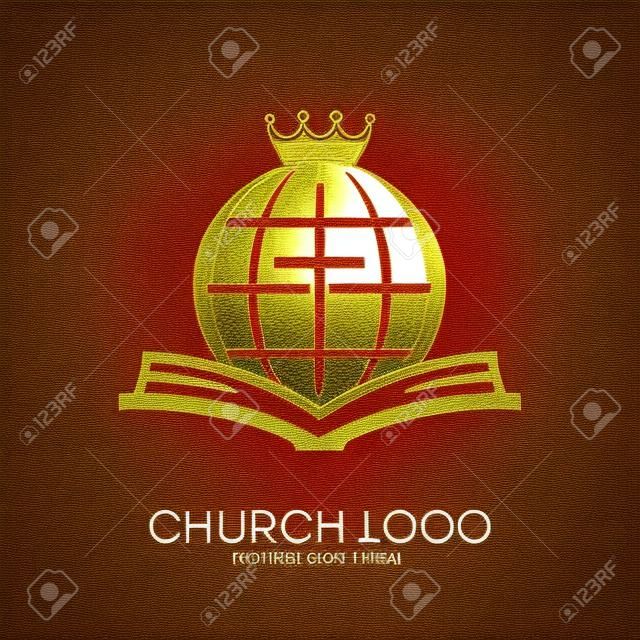Logotipo da igreja. Símbolos cristãos. Bíblia, cruz, globo e coroa.