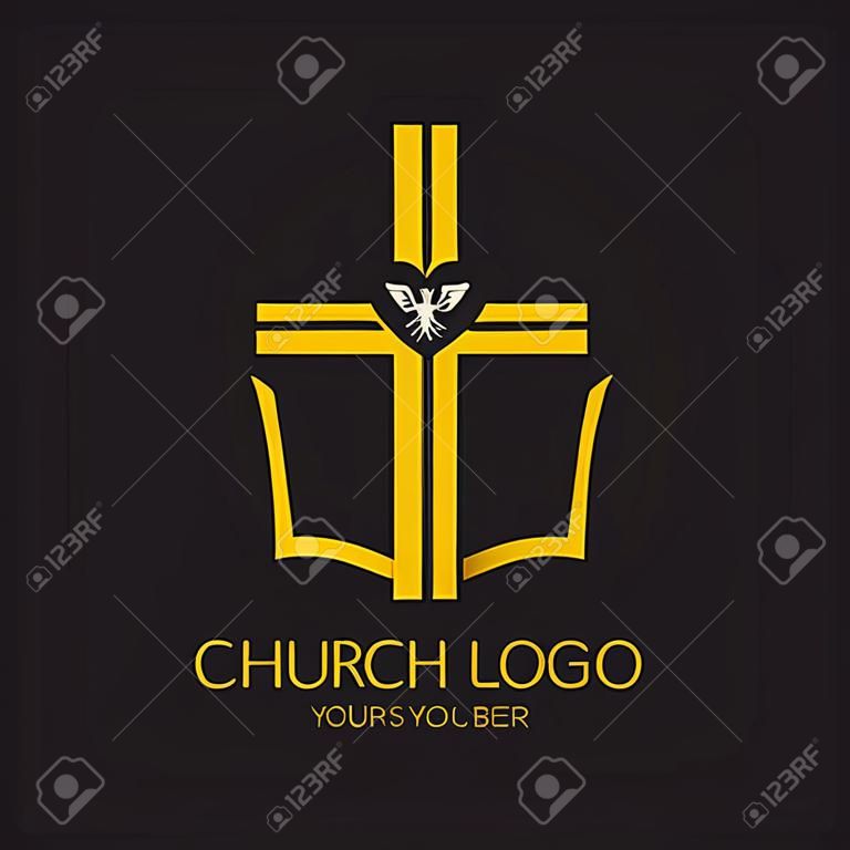 교회 로고. 기독교 상징. 성경, 예수님의 십자가와 왕관.